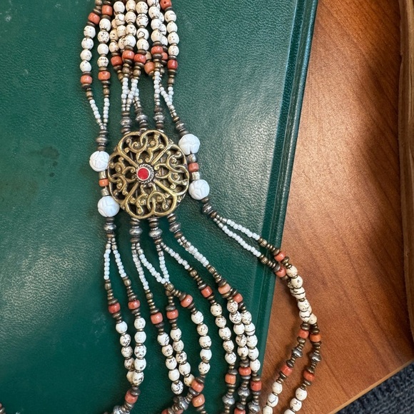 Multicolor Conch Beaded Necklace with Ornate Gold and Tibetan Silver Accents - Picture 4 of 8